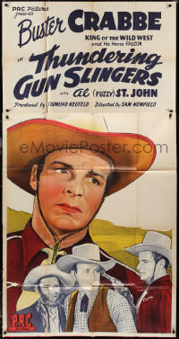 1b0502 THUNDERING GUN SLINGERS 3sh 1944 great art of cowboy Buster Crabbe & Fuzzy St. John, rare!