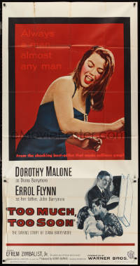 1b0504 TOO MUCH, TOO SOON 3sh 1958 Errol Flynn, sexy Dorothy Malone as Diana Barrymore!