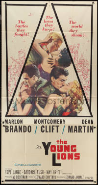 1b0514 YOUNG LIONS 3sh 1958 art of Nazi Marlon Brando, Dean Martin & Montgomery Clift, different!