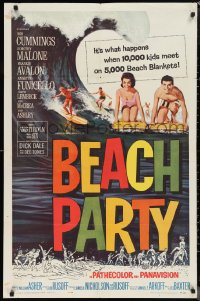 1b1115 BEACH PARTY 1sh 1963 Frankie Avalon & Annette Funicello riding a wave on surf boards!