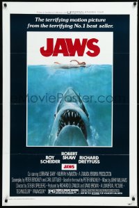 1b1261 JAWS 1sh 1975 Roger Kastel art of Spielberg's man-eating shark attacking sexy swimmer!