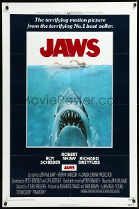 1b1262 JAWS int'l 1sh 1975 Kastel art of Spielberg's man-eating shark attacking sexy swimmer!