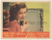 1b2062 THELMA JORDON LC #4 1950 super close up of scared Barbara Stanwyck opening safe!
