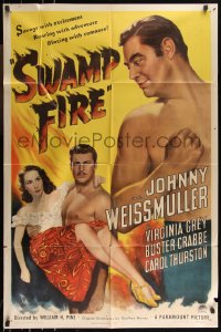 1b1409 SWAMP FIRE 1sh 1946 Johnny Weissmuller, Buster Crabbe carrying Virginia Grey, cool artwork!