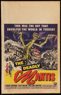 1b1509 DEADLY MANTIS WC 1957 art of soldiers attacking giant insect monster by Reynold Brown!