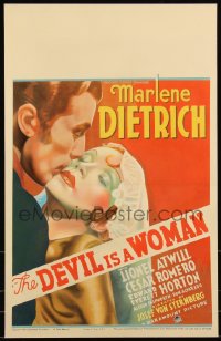1b1513 DEVIL IS A WOMAN WC 1935 great colorful art of sexy Marlene Dietrich kissed by Cesar Romero!