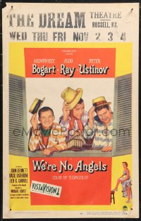 1b1746 WE'RE NO ANGELS WC 1955 art of Humphrey Bogart, Aldo Ray & Peter Ustinov tipping their hats!