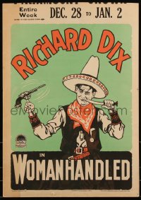 1b1755 WOMANHANDLED WC 1925 art of Richard Dix twirling gun & cleaning teeth with knife, ultra rare!