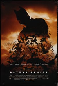 1c1028 BATMAN BEGINS advance 1sh 2005 June 17, image of Christian Bale's head surrounded by bats!