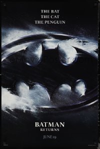 1c1032 BATMAN RETURNS teaser 1sh 1992 Burton, Keaton, The Bat, The Cat, The Penguin, logo design!