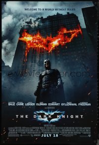 1c1084 DARK KNIGHT advance DS 1sh 2008 Christian Bale as Batman in front of burning bat symbol!