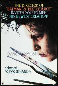 1c1106 EDWARD SCISSORHANDS DS 1sh 1990 Tim Burton classic, close up of scarred Johnny Depp!