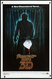 1c1132 FRIDAY THE 13th PART 3 - 3D 1sh 1982 slasher sequel, art of Jason stabbing through shower!