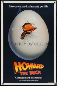 1c1193 HOWARD THE DUCK teaser 1sh 1986 George Lucas, great art of hatching egg with cigar in mouth!
