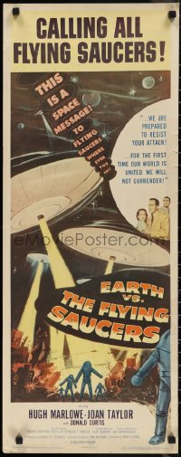 1c0975 EARTH VS. THE FLYING SAUCERS insert 1956 Ray Harryhausen, cool art of UFOs and aliens!