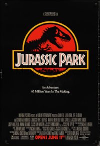 1c1237 JURASSIC PARK advance 1sh 1993 Steven Spielberg, classic logo with T-Rex over red background