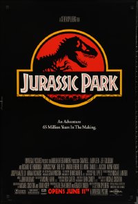 1c1238 JURASSIC PARK advance DS 1sh 1993 Steven Spielberg, classic logo with T-Rex over red background