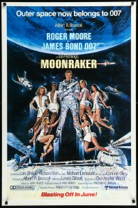 1c1305 MOONRAKER advance 1sh 1979 Goozee art of Moore as Bond 007 & sexy women, blasting off in June!