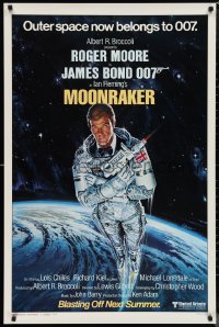 1c1306 MOONRAKER style A advance 1sh 1979 art of Roger Moore as Bond blasting off in space by Goozee!