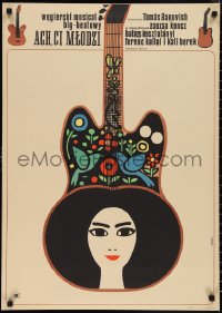 1c0688 EZEK A FIATALOK Polish 23x32 1968 Tamas Banovich, Hibner art of woman in guitar!