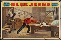 1c0014 BLUE JEANS 28x42 stage poster 1890s stone litho of man about to be bisected by sawblade!