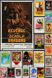 1d1088 LOT OF 58 FORMERLY TRI-FOLDED KUNG FU ONE-SHEETS 1970s-1980s cool martial arts movie images!