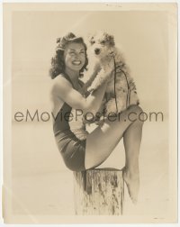 1f2322 ESTHER WILLIAMS 8x10.25 still 1940s at the beach with her adorable dog sitting on post!