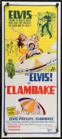 1f1647 CLAMBAKE Aust daybill 1967 McGinnis art of Elvis Presley in speed boat w/sexy babes, rock & roll!