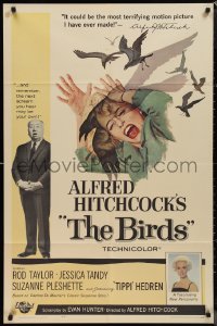 1f0932 BIRDS 1sh 1963 director Alfred Hitchcock shown, Tippi Hedren, classic intense attack art!