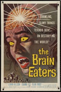 1f0944 BRAIN EATERS 1sh 1958 AIP, classic close-up sci-fi horror art of girl's brain exploding!