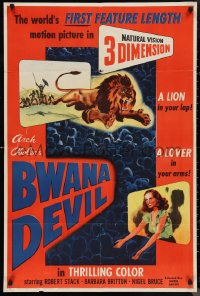 1f0949 BWANA DEVIL 3D 1sh 1953 lion leaping off the screen & Britton reaching out to audience!