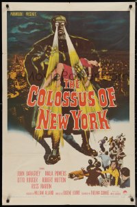 1f0966 COLOSSUS OF NEW YORK 1sh 1958 great art of robot monster holding sexy girl & attacking!
