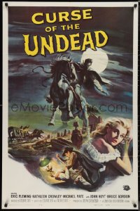 1f0973 CURSE OF THE UNDEAD 1sh 1959 art of fiend on horseback in graveyard by Reynold Brown!