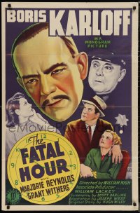 1f1006 FATAL HOUR 1sh 1940 cool artwork of Boris Karloff as Asian detective Mr. Wong!