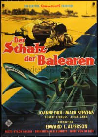 1f1772 SEPTEMBER STORM German 1961 art of scuba diver attacked by shark and romance on beach!