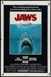 1f1060 JAWS 1sh 1975 Roger Kastel art of Spielberg's man-eating shark attacking sexy swimmer!