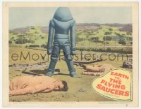 1f0593 EARTH VS. THE FLYING SAUCERS LC 1956 best image of alien robot standing over dead men!