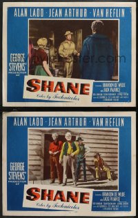 1f0859 SHANE 2 LCs 1953 George Stevens classic cowboy western, Jean Arthur, Van Heflin, cool scenes!