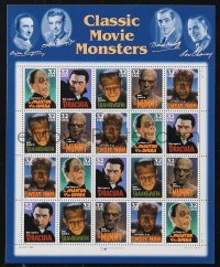1f0221 CLASSIC MOVIE MONSTERS stamp sheet 1996 Frankenstein, Dracula, Mummy, Wolf Man, 20 stamps!
