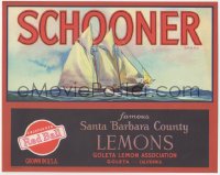 1f0040 SCHOONER 9x11 crate label 1940s Santa Barbara County Lemons, cool art of ship at sea!
