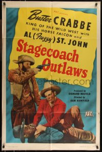 1f1183 STAGECOACH OUTLAWS 1sh 1945 Buster Crabbechoking bad guy & Fuzzy St. John with gun!