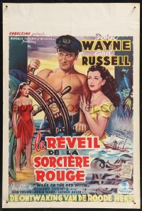 1g0531 WAKE OF THE RED WITCH Belgian R1950s barechested John Wayne & Gail Russell at ship's helm!