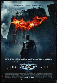 1g1144 DARK KNIGHT advance 1sh 2008 Christian Bale as Batman in front of burning bat symbol!
