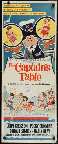 1g0968 CAPTAIN'S TABLE insert 1960 art of John Gregson & sexy Peggy Cummins on ocean cruise!