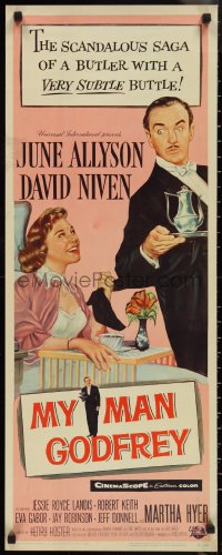 1g1026 MY MAN GODFREY insert 1957 close up artwork of June Allyson & butler David Niven!