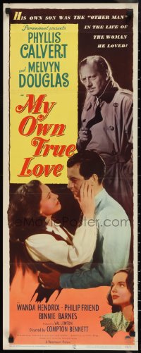 1g1027 MY OWN TRUE LOVE insert 1949 art of Phillip Friend confronting Phyllis Calvert & Melvyn Douglas!