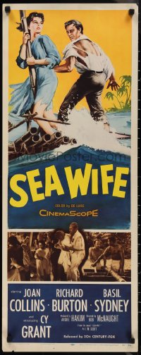 1g1050 SEA WIFE insert 1957 great castaway art of sexy Joan Collins & Richard Burton on raft at sea!