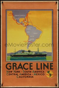 1g0437 GRACE LINE 28x42 travel poster 1937 art of ship under North America & destination ports!