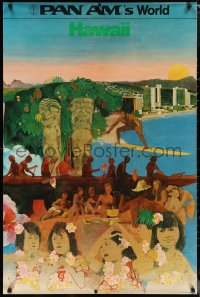 1g0444 PAN AM'S WORLD HAWAII 28x42 travel poster 1973 art of people & activities, Diamond Head!