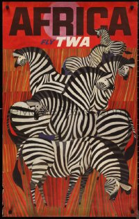1g0452 TWA AFRICA 25x40 travel poster 1960s great David Klein artwork of zebras, rare!